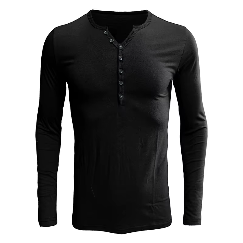 Polo décontracté à manches longues pour homme, léger, solide, bouton de document, col en V, coupe co