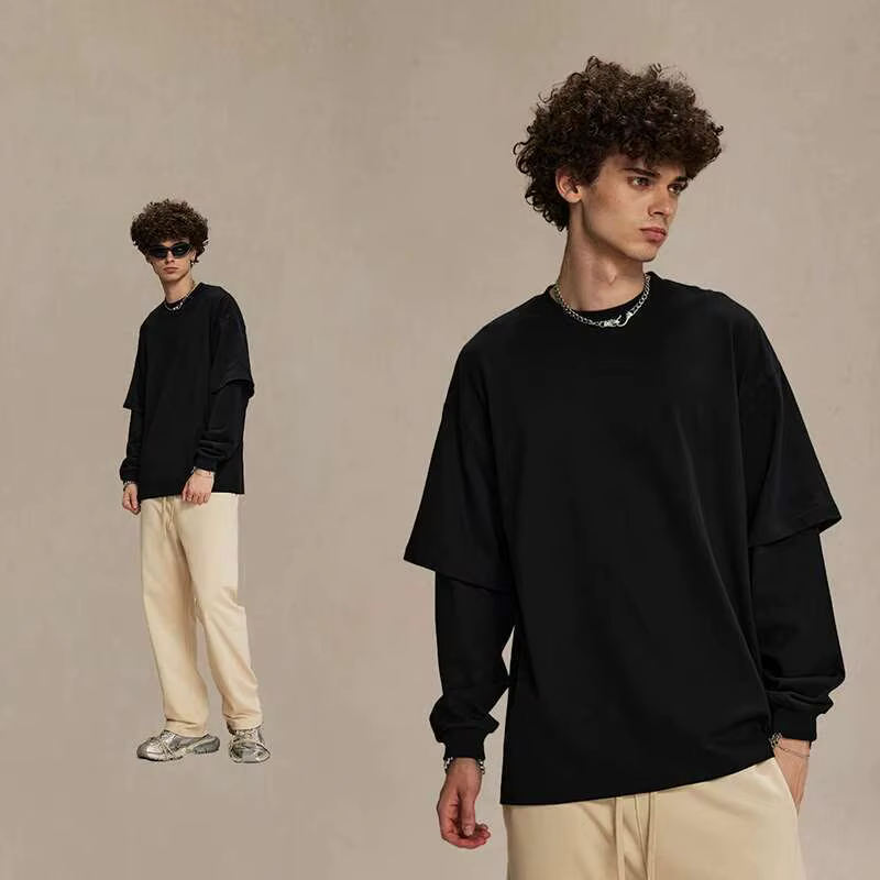 IEFB-T-shirt à manches longues pour hommes, vêtements pour hommes, haut décontracté, faux deux pièce