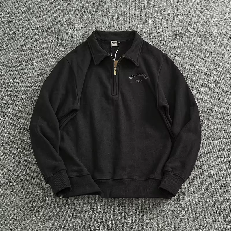 Sweat à capuche à revers demi-fermeture éclair pour hommes, coton épais, laine, cercle, plus polaire