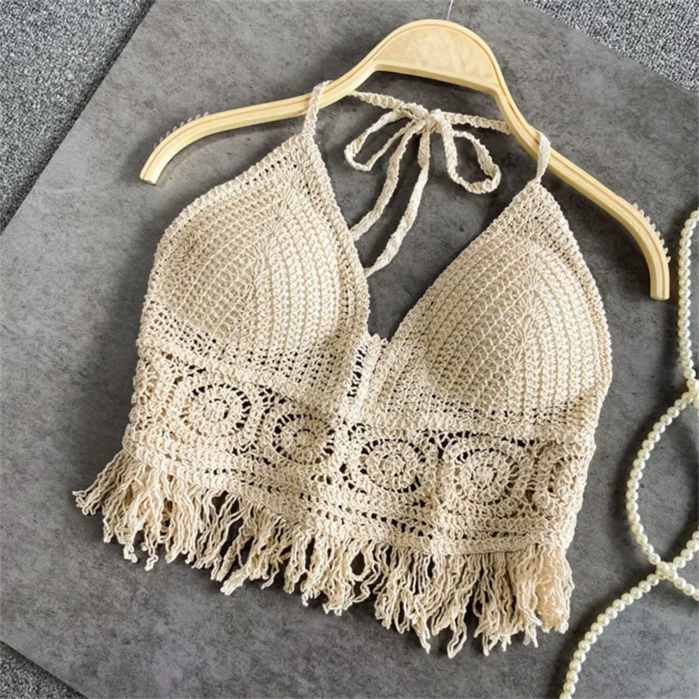 Sous-vêtements Boho à franges pour femmes, dos nu, col licou, cravate, vêtements d'extérieur avec co