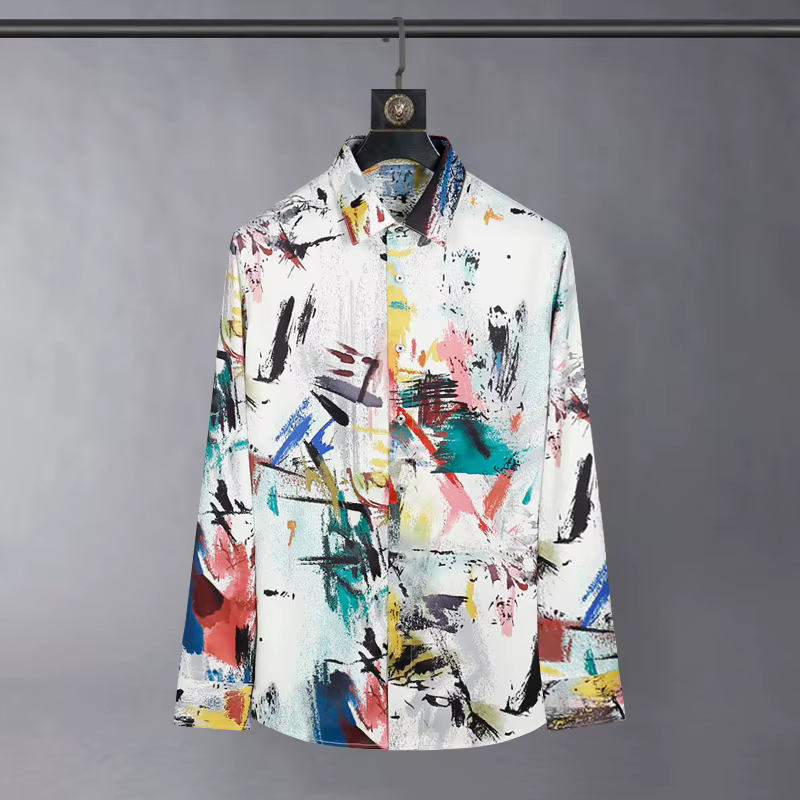 2025 chemise en soie hommes mode Graffiti imprimé à manches longues chemises décontractées mince Soc