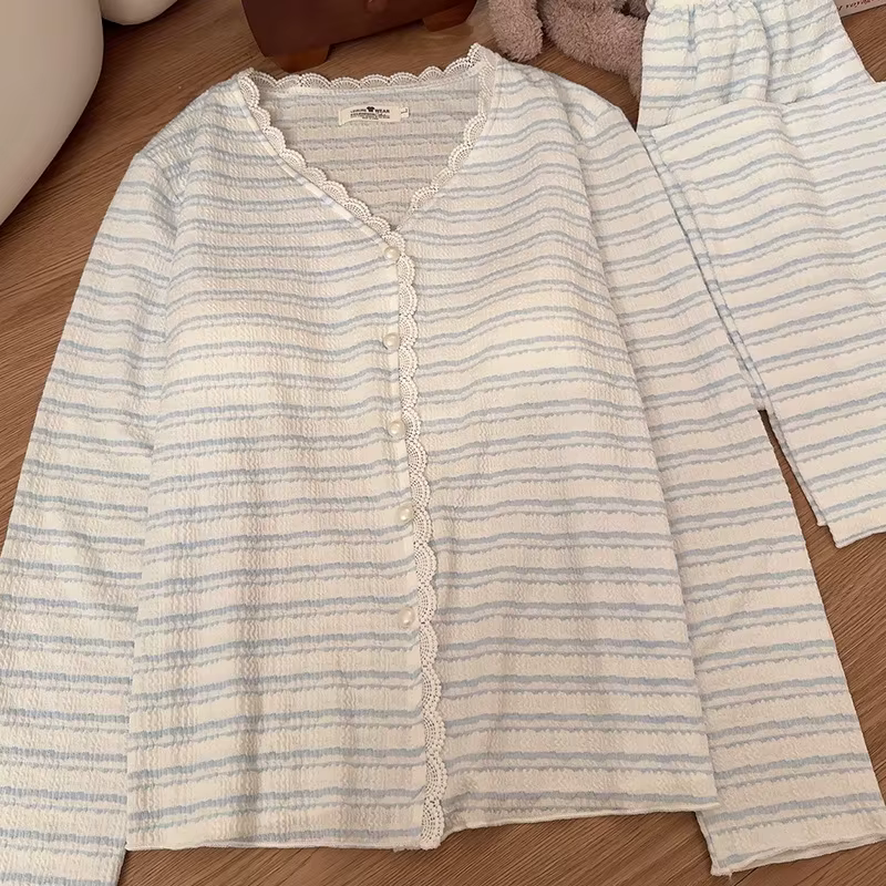 Mode rayé pyjamas pour femmes coussin de poitrine à manches longues haut pantalon costume décontract