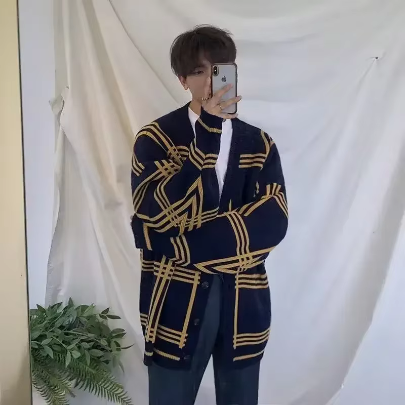 Vêtements pour hommes Cardigan veste col en V manteau tricot pull mâle Plaid élégant décontracté à m