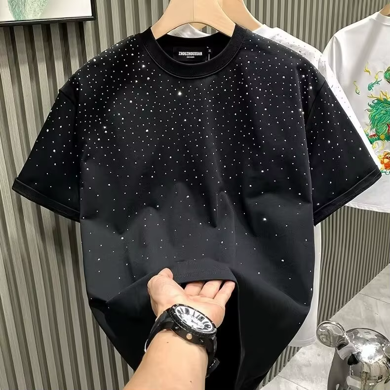 T-shirt d'été pour homme à col rond, style coréen décontracté, avec strass et clous, à manches court
