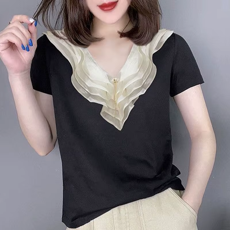 T-shirt patchwork à volants multicouches pour femmes, pulls assortis, vêtements élégants, col en V, 