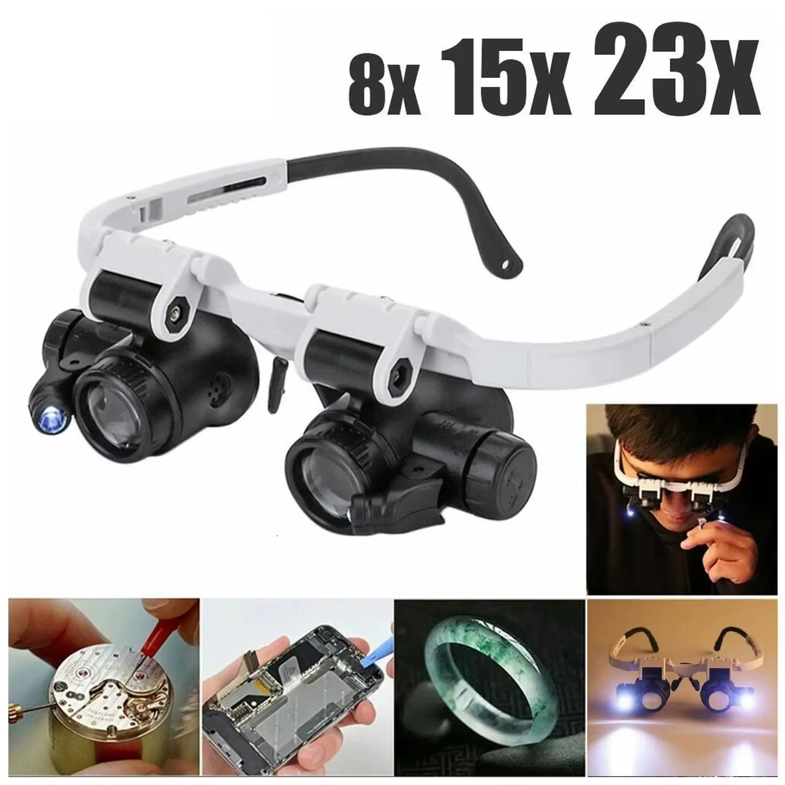 2XLED montre bijoutier réparation Loupe bandeau monté sur la tête Loupe réglable lunettes Loupe lent
