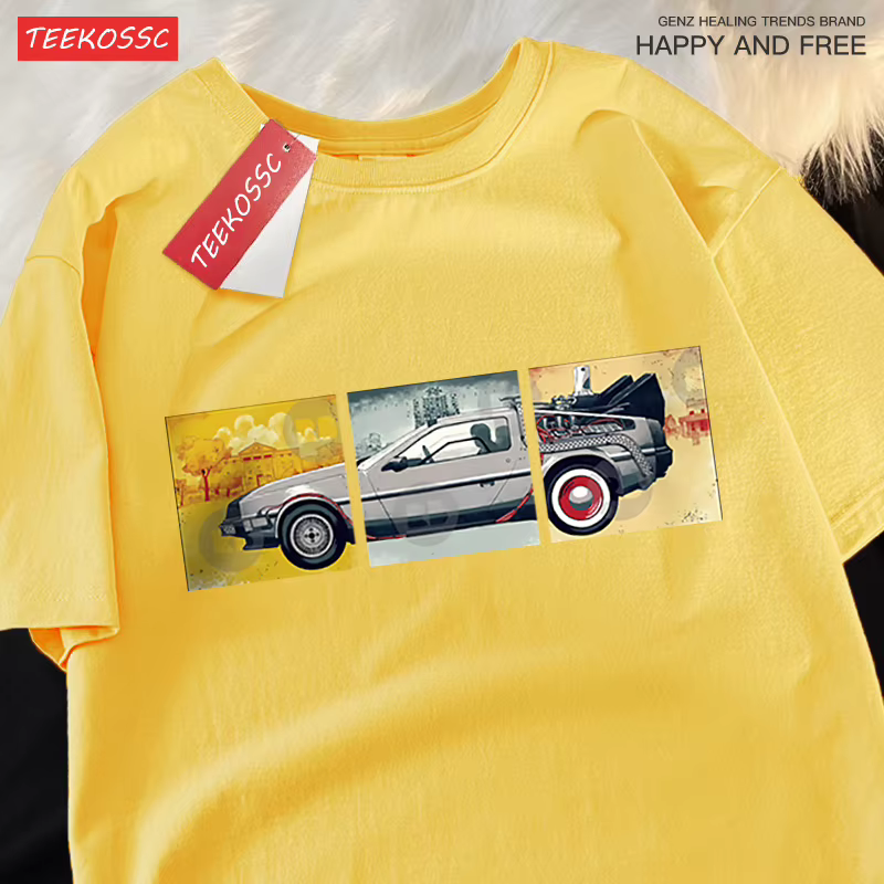 T-shirt à manches courtes en coton pour hommes et femmes, coupe ample, surdimensionné, avec voiture 