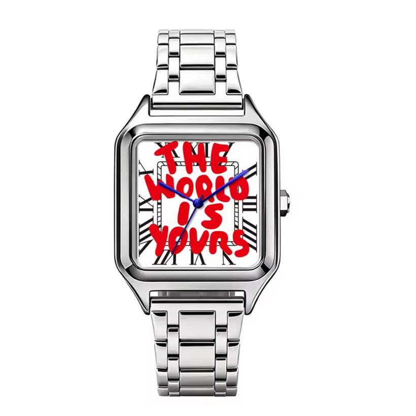 Nouvelle Montre Homme Créative 2026 « L'argent est du temps » Carrée de Luxe à Quartz Cadran Graffit