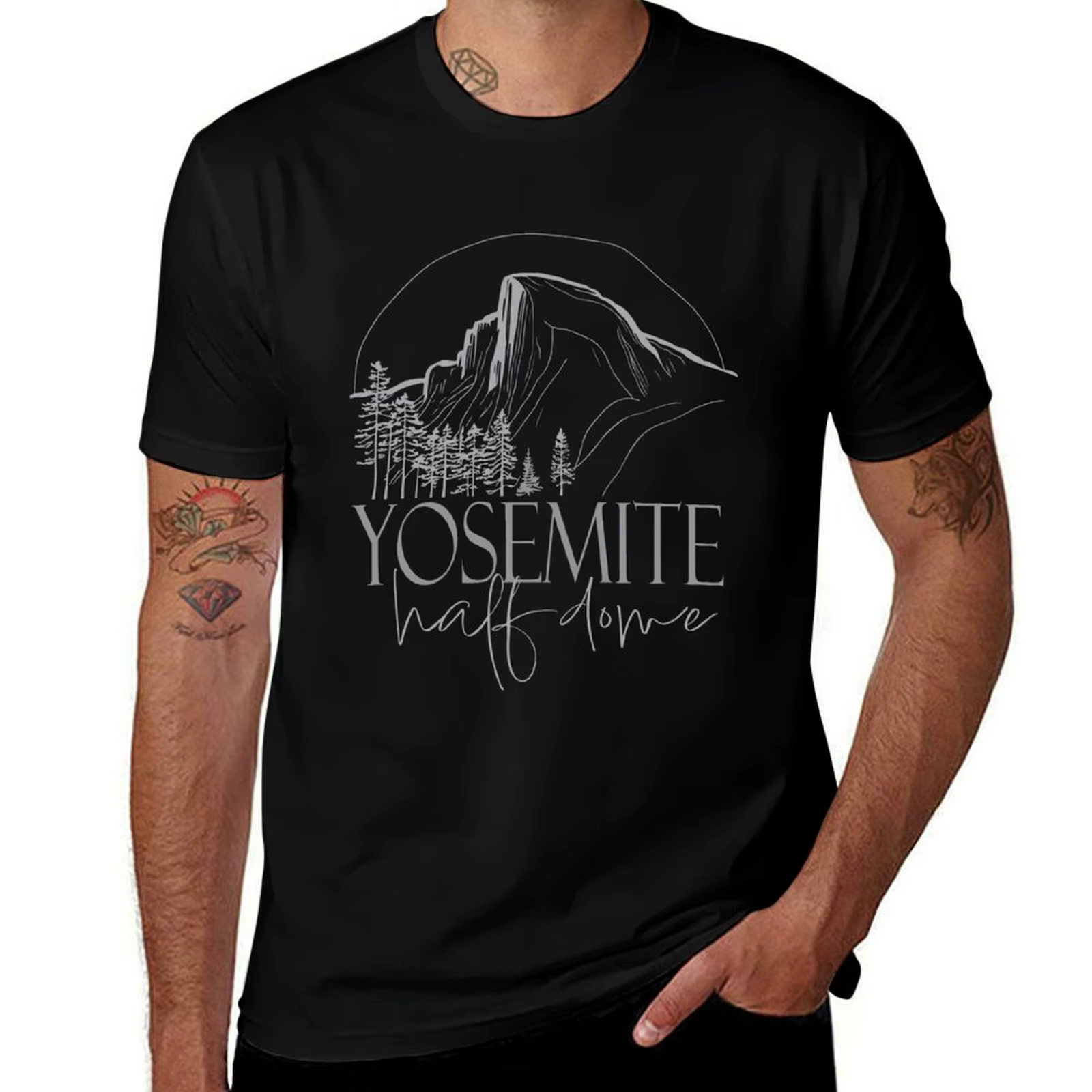 T-shirt à manches courtes avec motif en ligne ébauchée du parc national de Yosemite, style streetwea