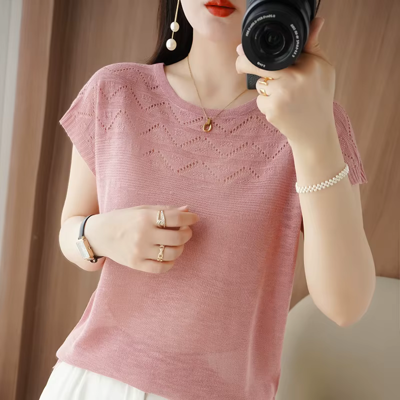 T-shirt à manches courtes et col rond pour femme, pull ajouré, en Fiber de bambou, à la mode, tricot