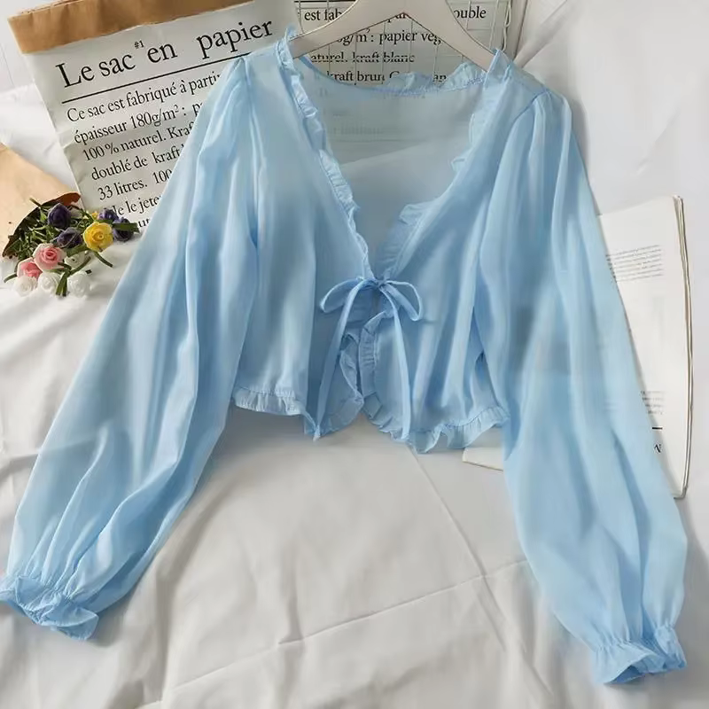 Manches longues mince respirant T-shirts femmes dentelle nœud Cardigan Blouse vêtements volants prot