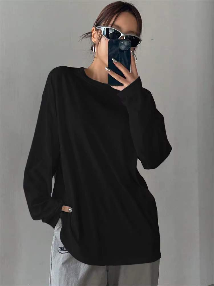 Femmes basique à manches longues ample col rond T-shirt automne hiver couleur unie T-shirt haut Stre