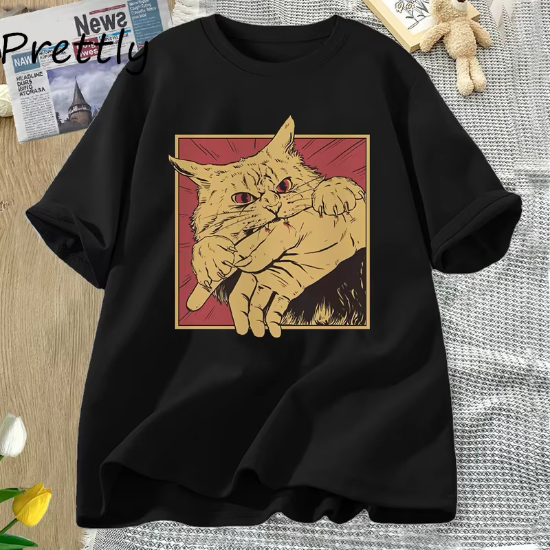 Vintage chat morsure t-shirt japonais horreur rétro graphique t-shirt horreur chats fou t-shirts hom