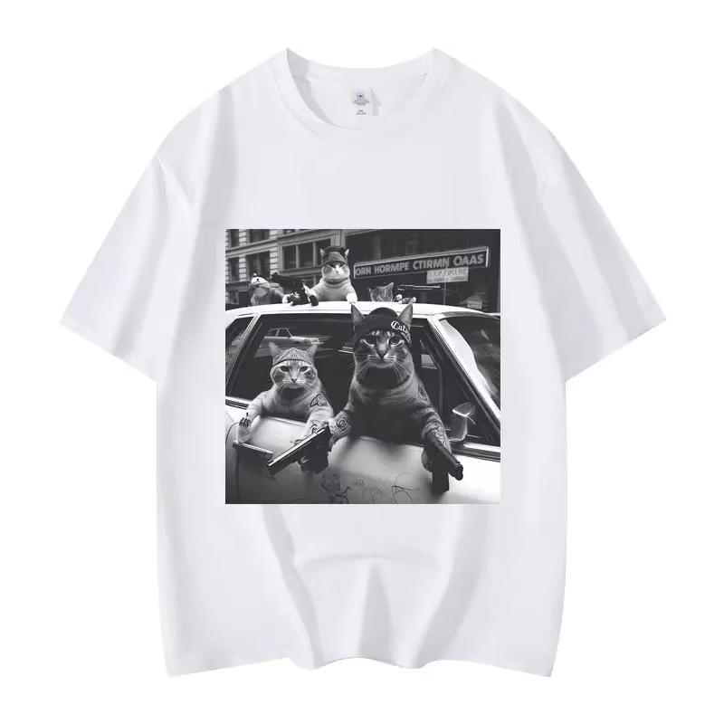 T-shirt manches courtes homme femme, estival et surdimensionné, avec image de chat drôle, Meme, à la