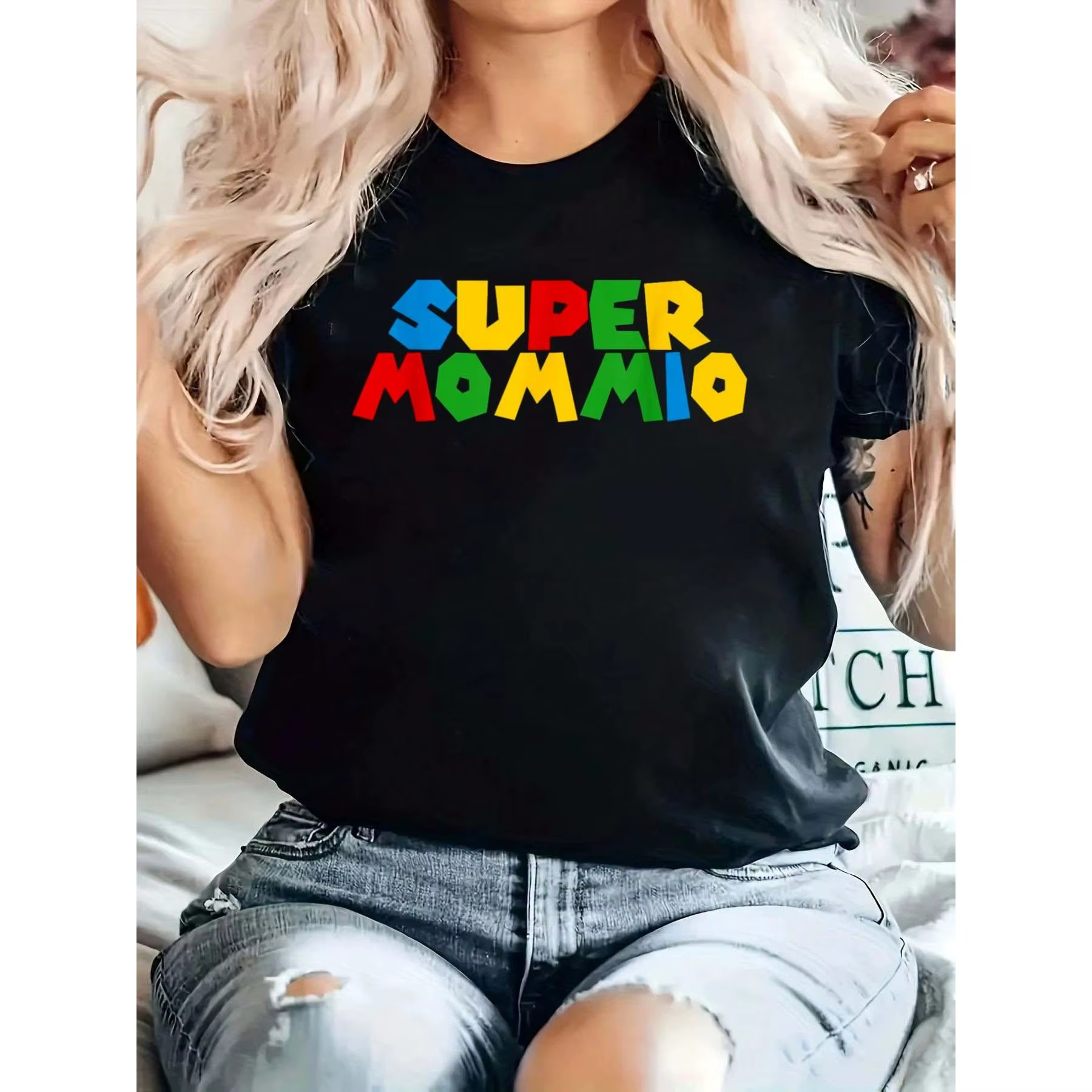 Super Mommio T-shirt imprimé avec texte coloré, vêtements de maison doux pour femmes, cadeaux pour l