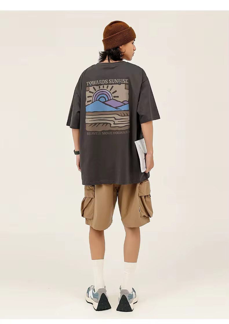 T-shirt unisexe en coton à manches courtes et col rond, imprimé motif rétro américain, coupe décontr