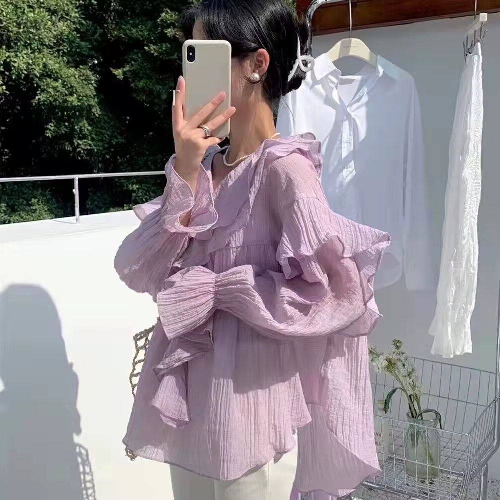 Xgoth à volants col en v manches à bulles Blouses femmes vêtements printemps/automne nouveau élégant