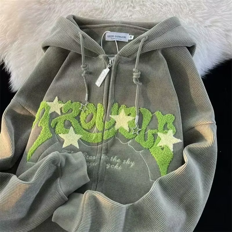 Sweat-shirt à capuche brodé avec fermeture éclair pour femme, haut à manches longues, ample, chemise