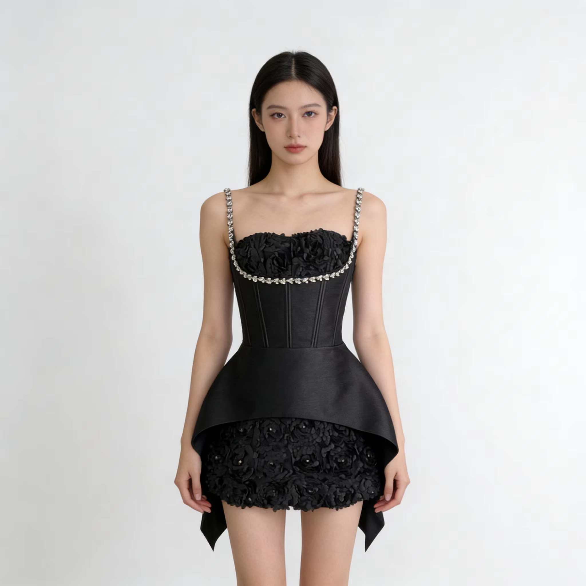 NOVA Sexy bretelles 3D fleur strass garniture femmes Mini robe Corset Peplum noir blanc fête soirée 