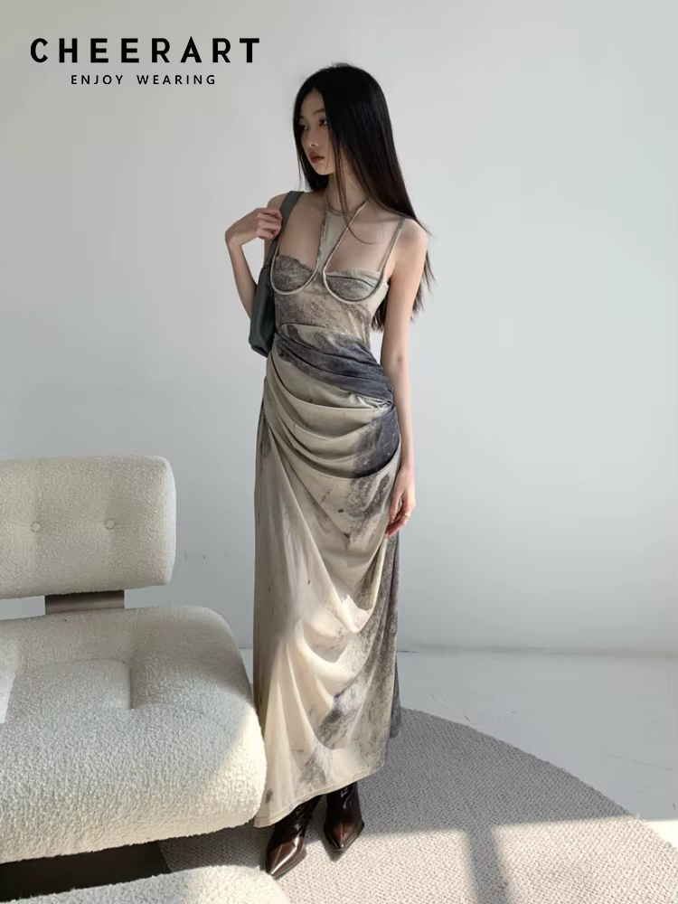 CHEERART – robe longue de styliste pour femmes, teinture par nouage, col licou, froncée, ligne A, do