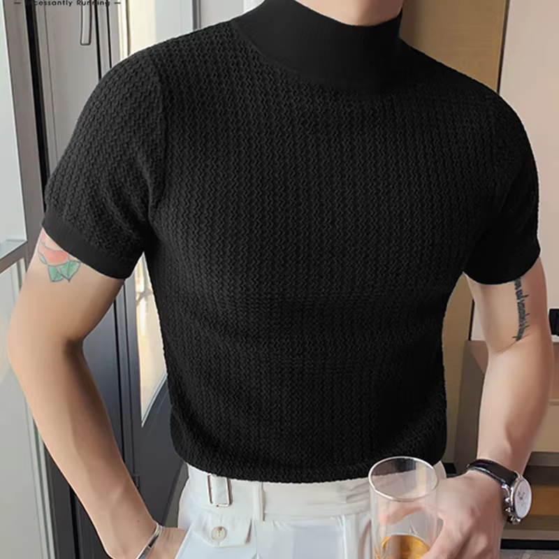 T-shirt tricoté à col roulé pour hommes, coupe cintrée, couleur unie, chemises décontractées, manche