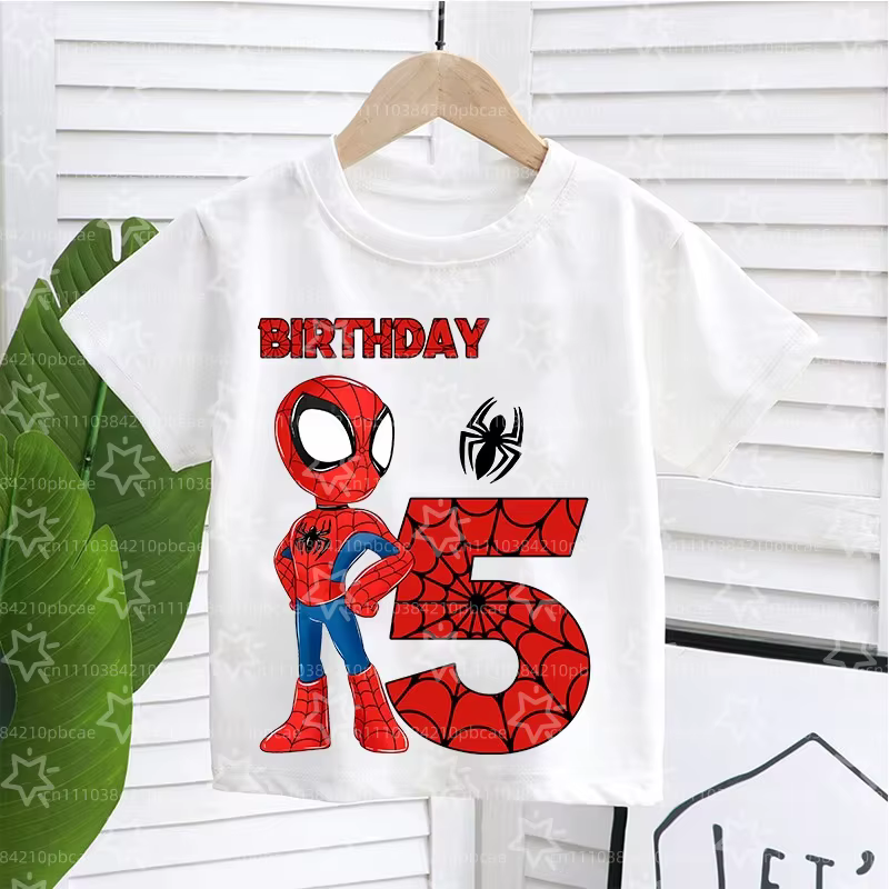 T-shirt enfant Spider-Man dessin animé, numéro d'anniversaire 1-9 imprimé, été printemps, décontract