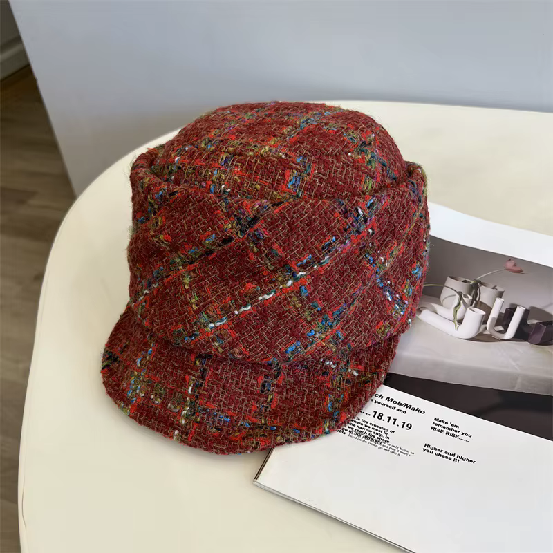 Chapeau équestre en Tweed français pour femmes, casquette chaude d'automne et d'hiver, plis littérai