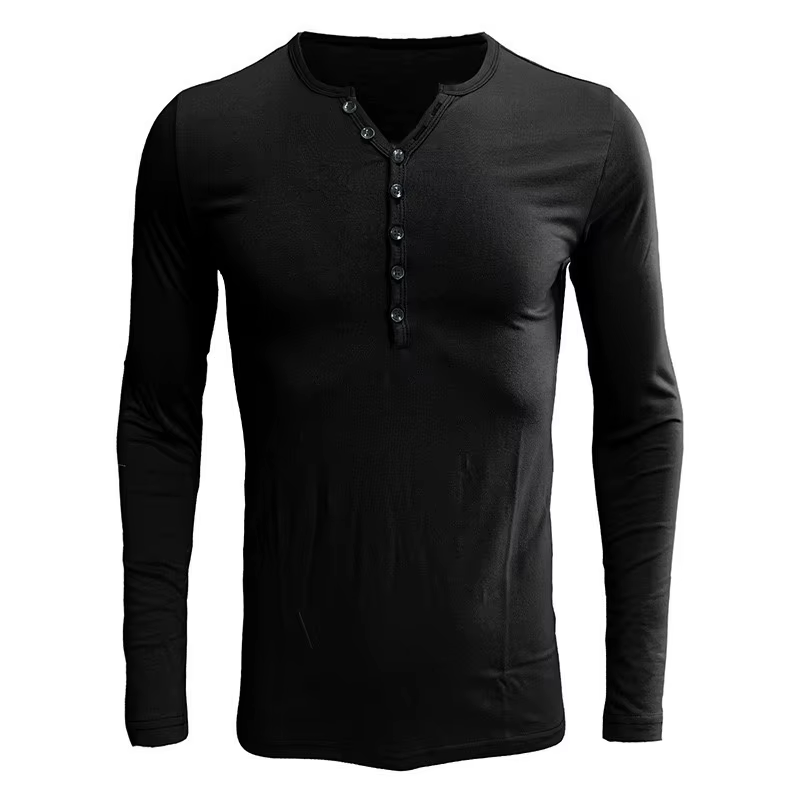 T-Shirt à manches longues et col Henley pour hommes, couleur unie, coupe cintrée, garniture de bouto