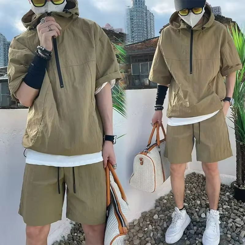 Ensemble de style cargo d'été pour hommes, sweat à capuche décontracté, t-shirt à manches courtes, s