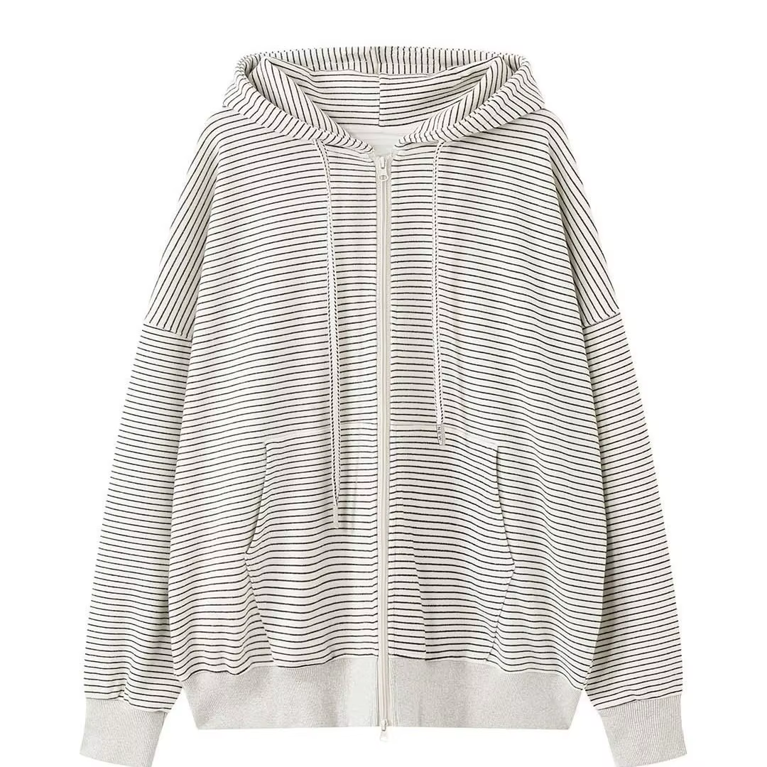 HanOrange 2026 printemps rétro contrasté rayé sweat à capuche avec fermeture éclair femmes Silhouett