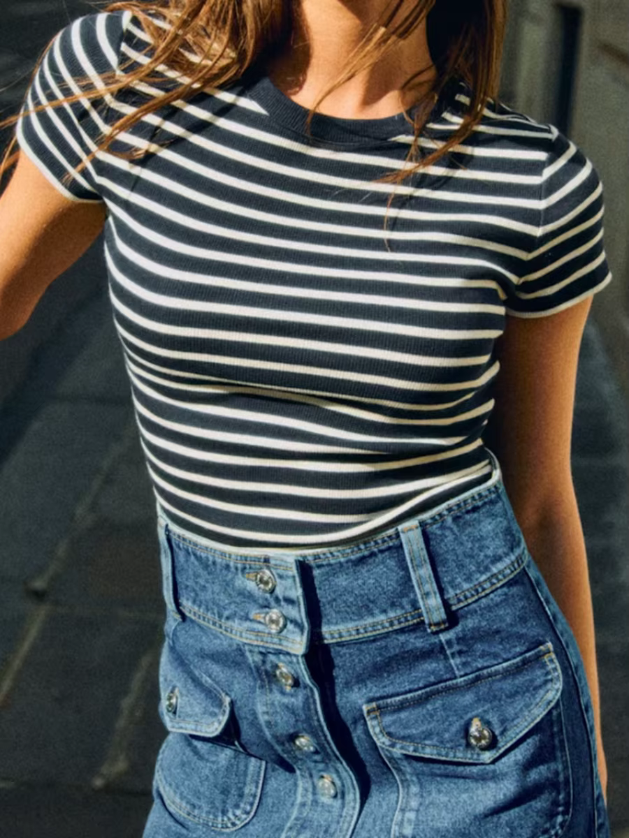 Bleu marine rayé côtelé mince T-shirt femmes contraste col rond coton à manches courtes t-shirts fem