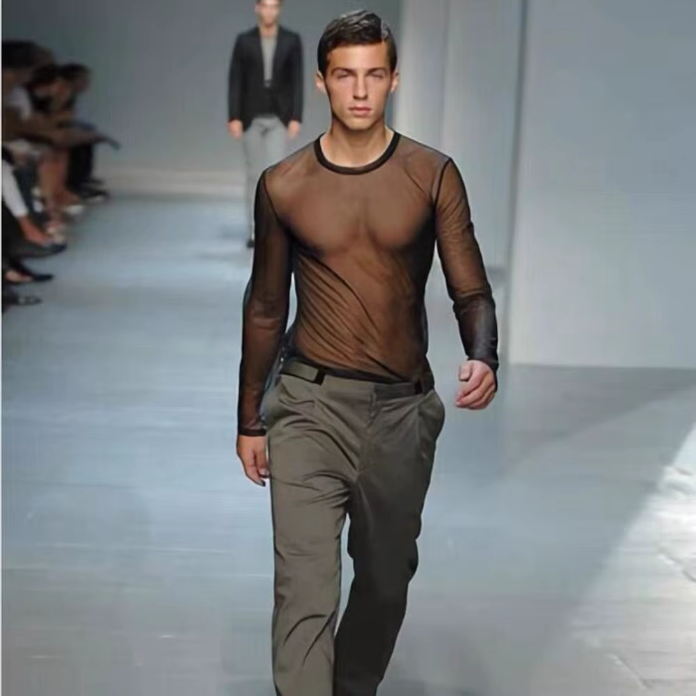 T-shirt en maille à manches longues pour hommes, sous-vêtement sexy, vêtements de nuit en résille, h