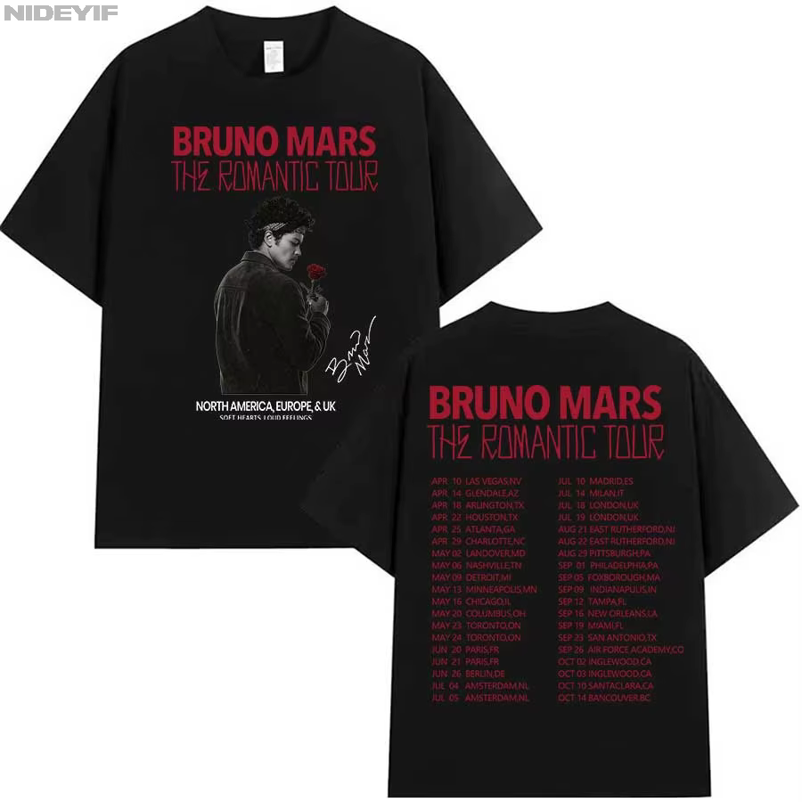 Bruno Mars The Romantic Tour T-shirt pour hommes et femmes, streetwear hip-hop, hauts surdimensionné