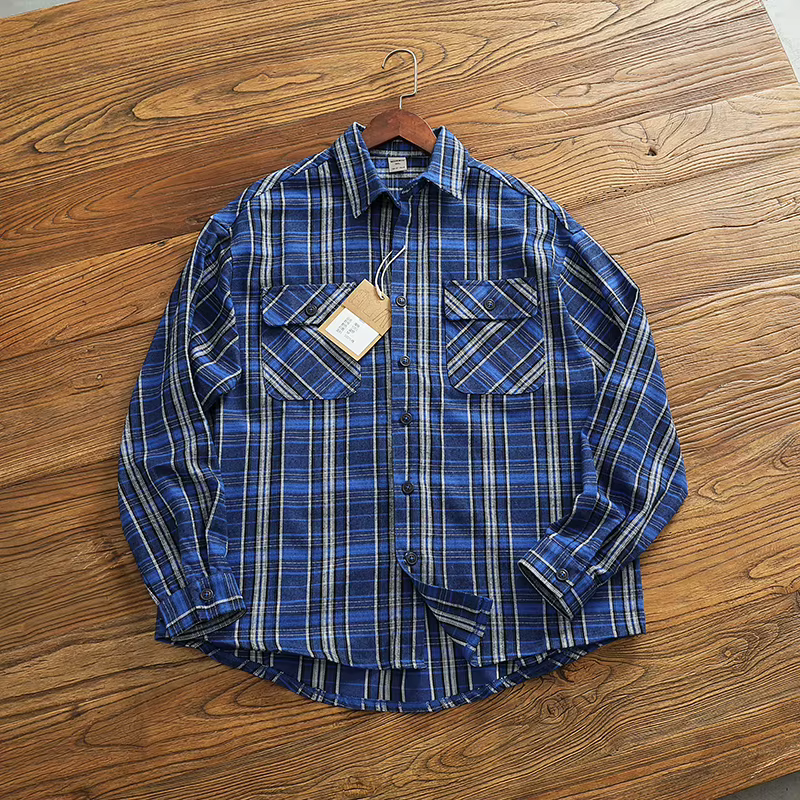 Chemise cargo vintage à carreaux de cheminée pour hommes, flanelle au sol épaissie, chemise à manche