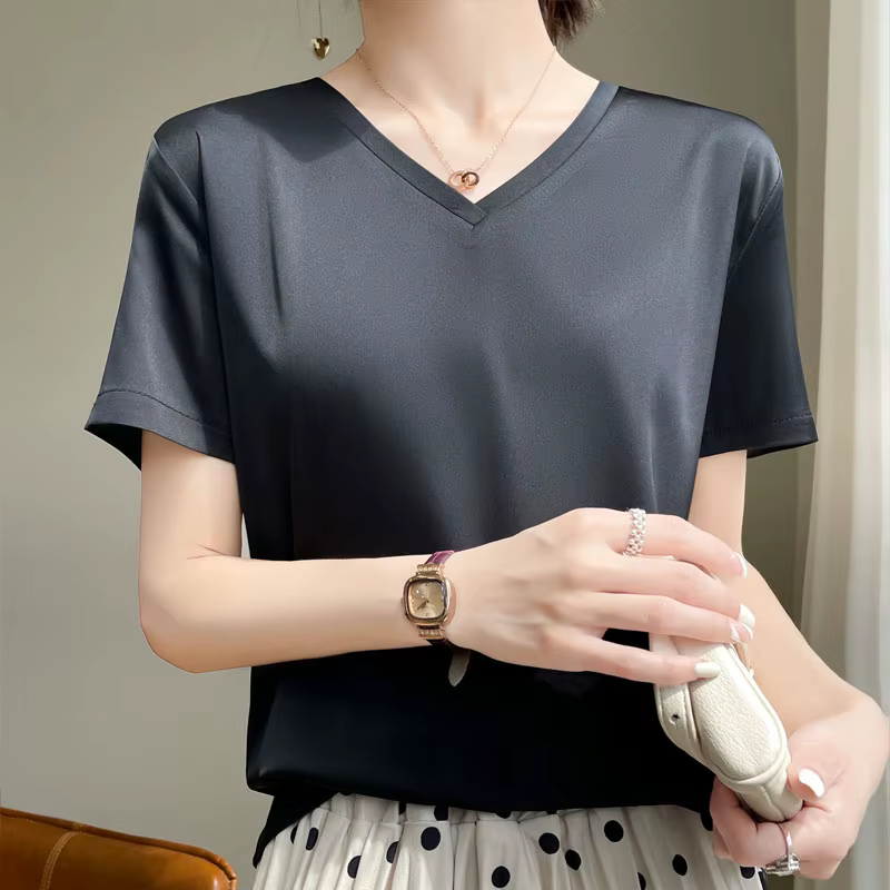 T-shirt col en v pour femmes, Simulation d'été, bretelles en soie, ample, surdimensionné, couleur un