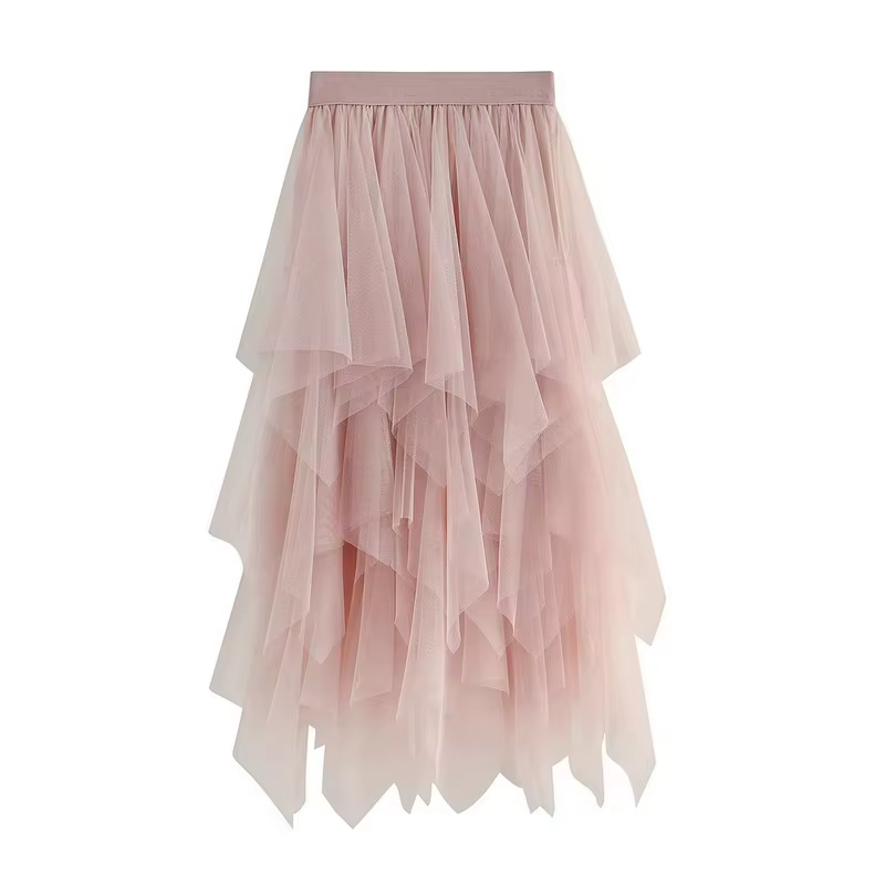 Jupe vintage grunge taille haute élastique irrégulière multicouche en tulle uni effet bulles pour fe