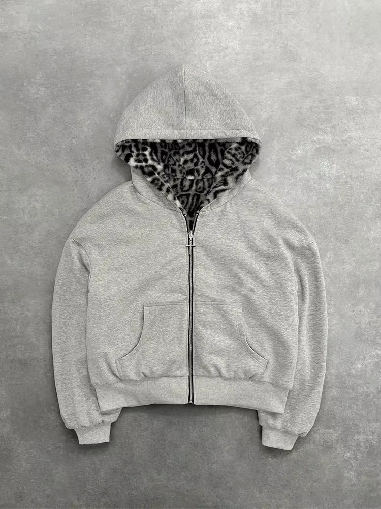 Sweat à capuche léopard rétro avec fermeture éclair, pull ample décontracté, personnalité automne-hi