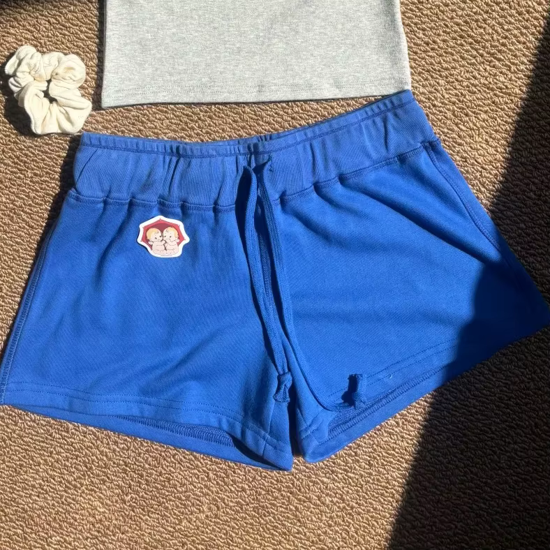 Shorts de sport bleu électrique pour femmes, été, simple, basique, en coton, avec cordon de serrage,