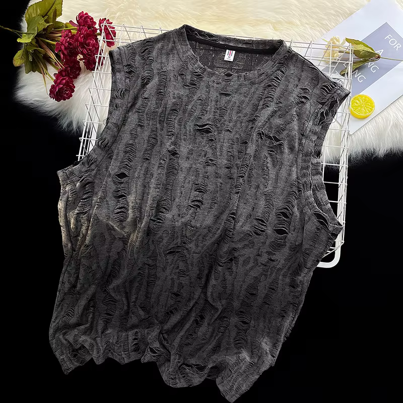 T-shirt sans manches déchiré style coréen American High Street, design de niche, gilet d'été sport f