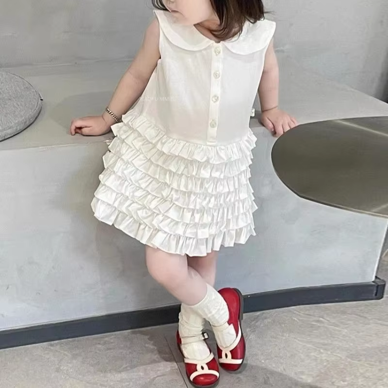 Vêtements pour enfants Été 2025 Nouvelle collection : Robe gilet blanche à col polo, style doux, pou