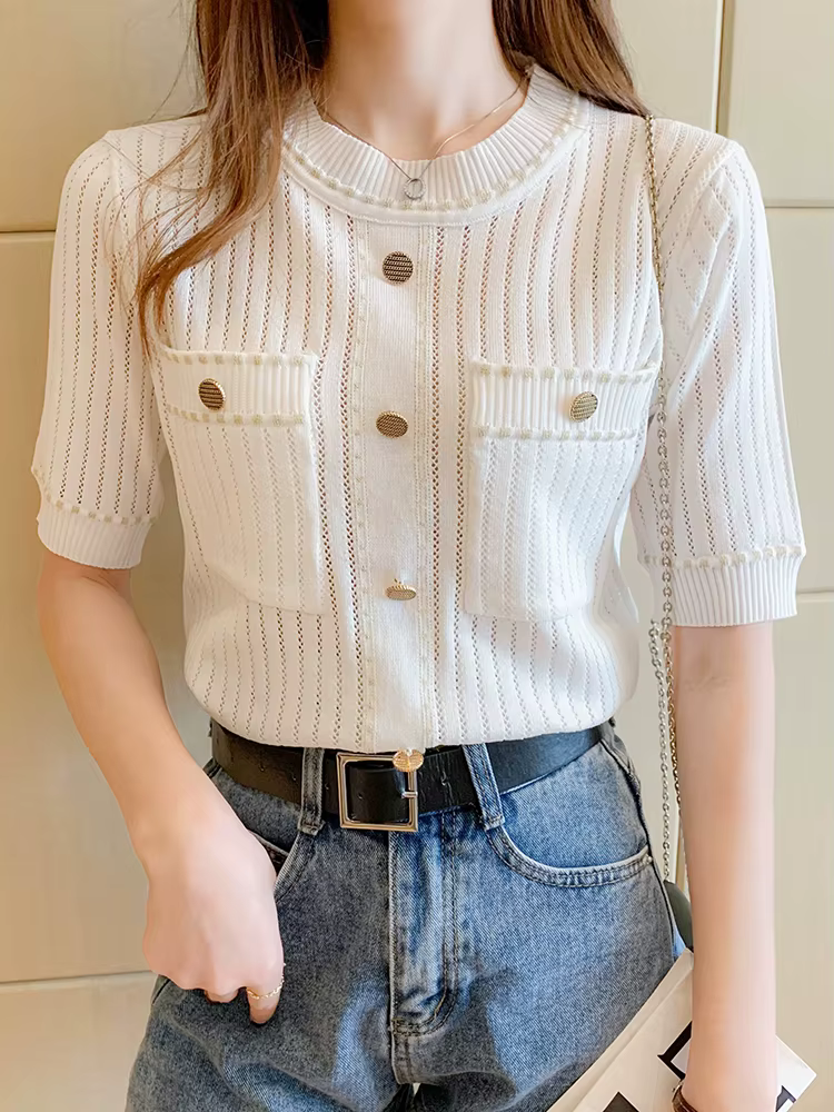 T-shirt blanc à manches courtes pour femme, vêtement basique avec poches, estival et décontracté, 20