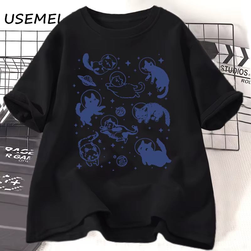 T-shirt imprimé chats dans l'espace pour femmes et hommes, humoristique et mignon, graphique et esth