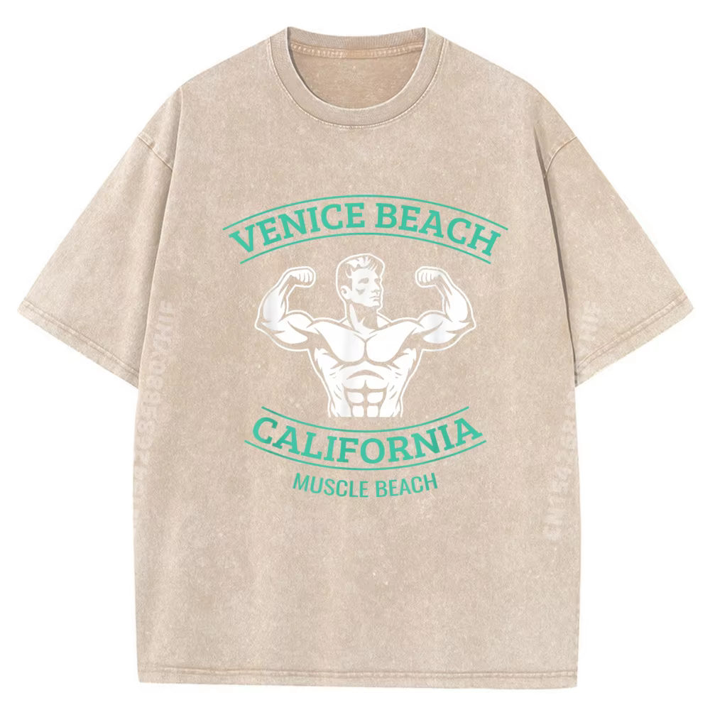 T-shirts graphiques Venice Beach CaliFornia Bodybuilder pour hommes, t-shirt ample délavé, vêtements