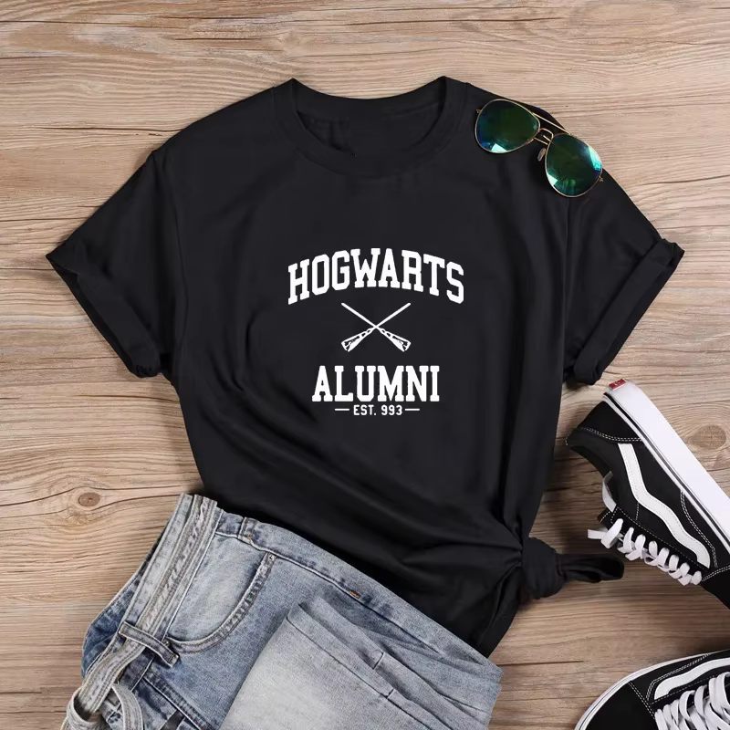 T-shirt Harajuku pour femmes, noir et blanc, style Hogwarts, T-shirt estival Harajuku à manches cour