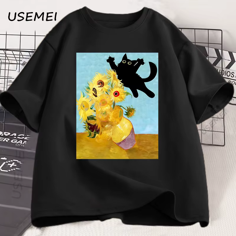 Vincent Van Gogh chat T-shirt pour hommes femmes tournesols imprimé T-shirt drôle mignon chat chaton