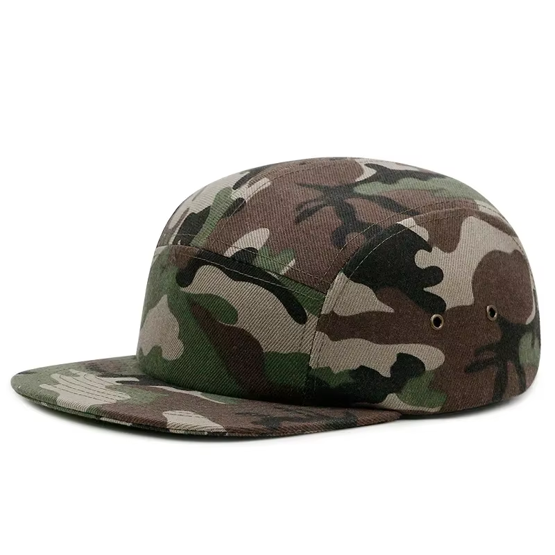 Logo personnalisé 5 panneaux casquettes Snapback pour hommes réglable bord plat lavé coton Camping c