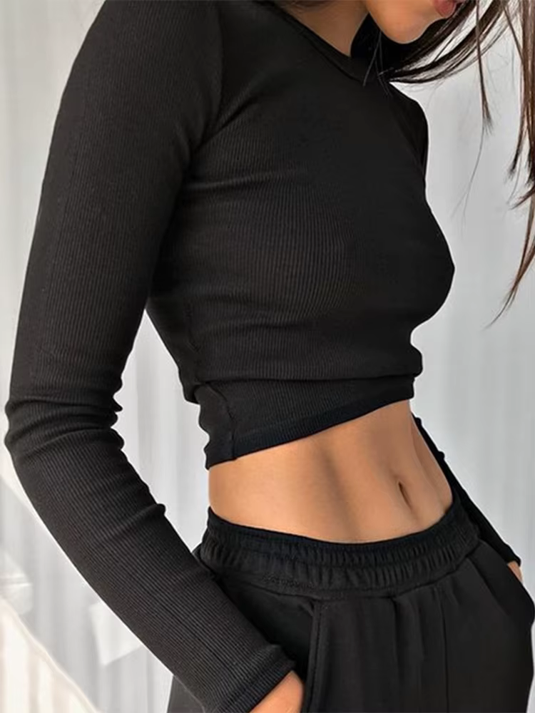 O cou à manches longues chemise femmes côtelé Sexy hauts courts 2022 printemps noir décontracté maig