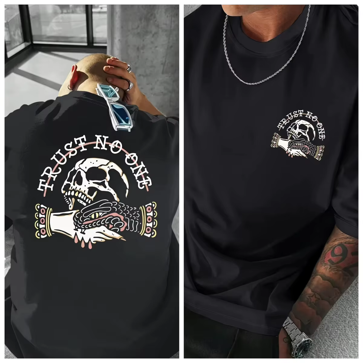 T-shirt pour homme avec impression au dos, motif crâne et tatouage main « Trust No One », idéal pour