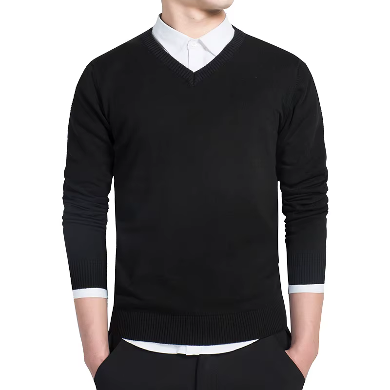 Pull Homme 2026 Automne Décontracté Col V Uni en Coton Tricoté Marque Vêtements Coupe Slim Pulls Mas