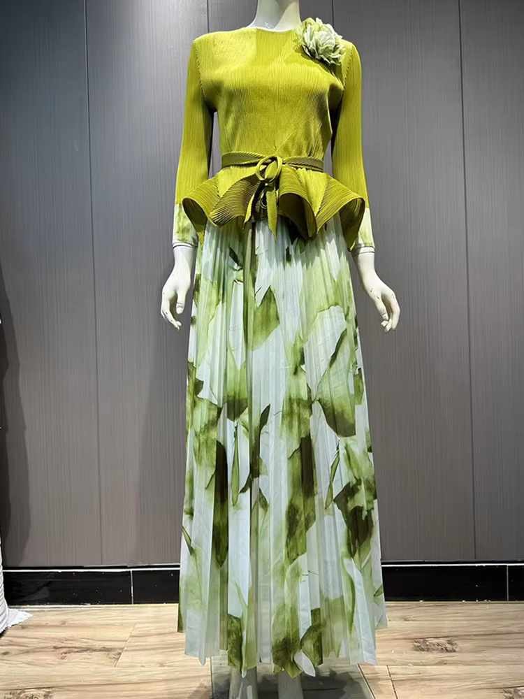 LANMREM-T-shirt plissé fleuri et jupe longue imprimée pour femme, ensemble 2 pièces, vêtements fémin